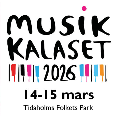 Affisch för Musik Kalaset 2026, 14-15 mars i Tidaholms Folkets Park, med färgglada pianotangenter.
