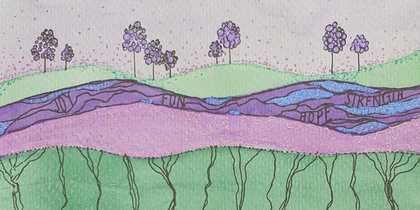 Abstrakt landskap i gröna och lila nyanser med träd och ord som 'JOY', 'FUN', 'HOPE', 'STRENGTH', 'HAPPINESS'.