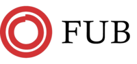 Logotyp med röda cirklar till vänster och texten 'FUB' i svart till höger.