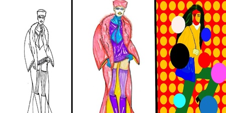 Tre skisser av karaktärer i olika grader av färggläggning. 