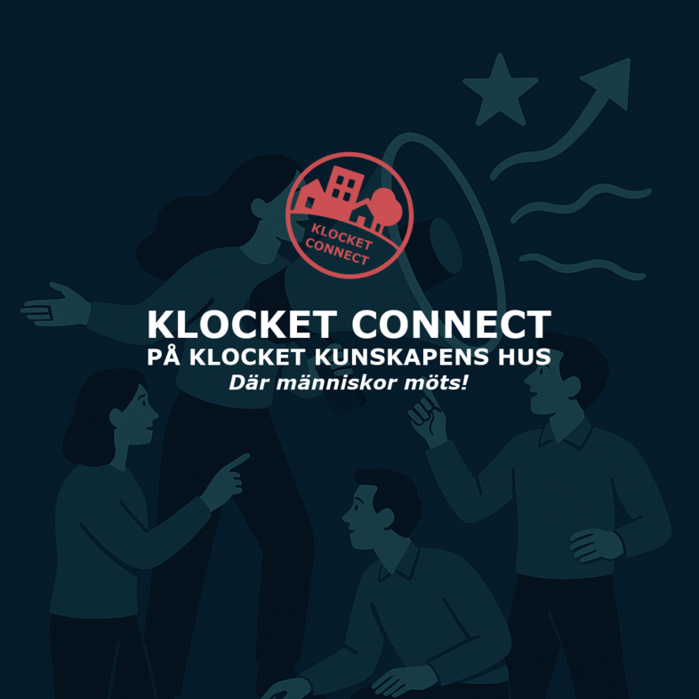 Illustration med tre personer och text om Klocket Connect, ett mötesplats på Klocket Kunskapens Hus.