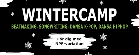 Svart affisch med texten WINTERCAMP och information om aktiviteter som beatmaking, songwriting och dans.