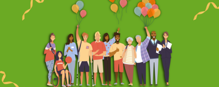 Illustration av en stor grupp människor, några håller i färgglada ballonger, runt omkring dem finns gula serpentiner, allt mot en grön bakgrund.