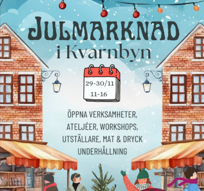 Affisch för julmarknad i Kvarnbyn med datum, tid och information om aktiviteter, illustrerad med vintermiljö och glada människor.