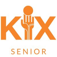 Logotyp med texten 'KIX SENIOR' och en stiliserad hand som håller en cirkel mellan bokstäverna K och X.