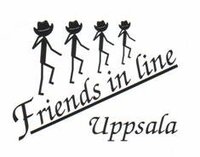 Logotyp med fyra streckgubbar med cowboyhattar som dansar i rad, texten 'Friends in line Uppsala'.
