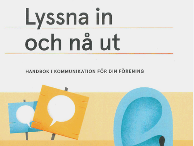 Omslag till en handbok i kommunikation med illustration av ett stort öra och pratbubblor i blått och orange.