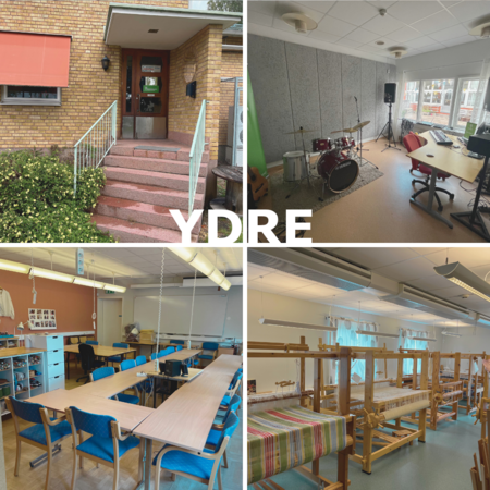 Fyra bilder visar en skolbyggnad, ett musikrum med trumset, ett klassrum och ett vävrum. Texten 'YDRE' syns i mitten.