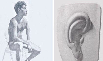 Två blyertsteckningar: en av en sittande naken man på stol, en av ett mänskligt öra på en platta.