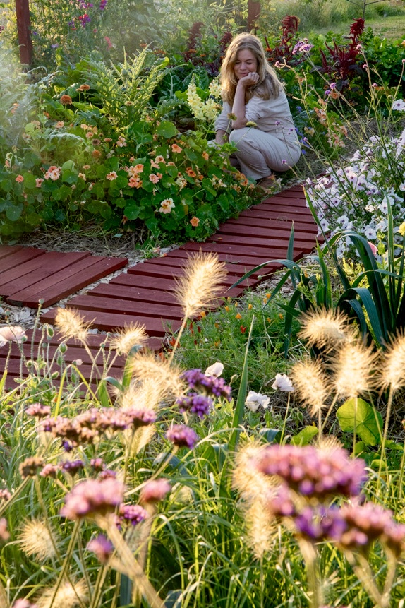En kvinna sitter på huk vid en blomrabatt längs en röd trästig i en solig trädgård.
