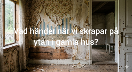 Ett slitet rum i ett gammalt hus med avskavd tapet och texten: Vad händer när vi skrapar på ytan i gamla hus?