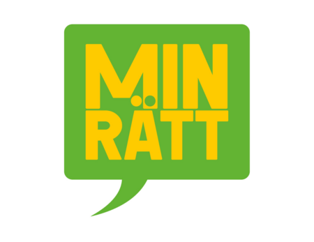 Grön pratbubbla med gul texten 'MIN RÄTT' i versaler.