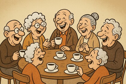 Tecknad bild gjor av AI av glada äldre personer som sitter runt ett bord och dricker kaffe tillsammans.