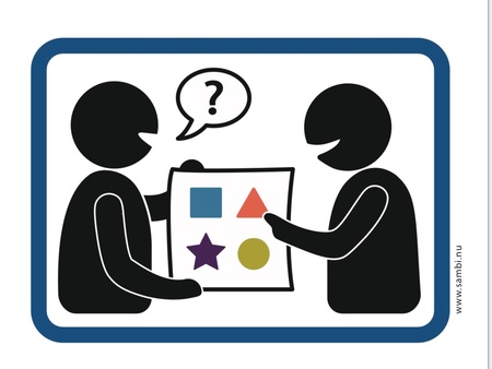 Två personer kommunicerar med hjälp av bildstöd, visar symboler på ett papper. Text: Här använder vi bildstöd.