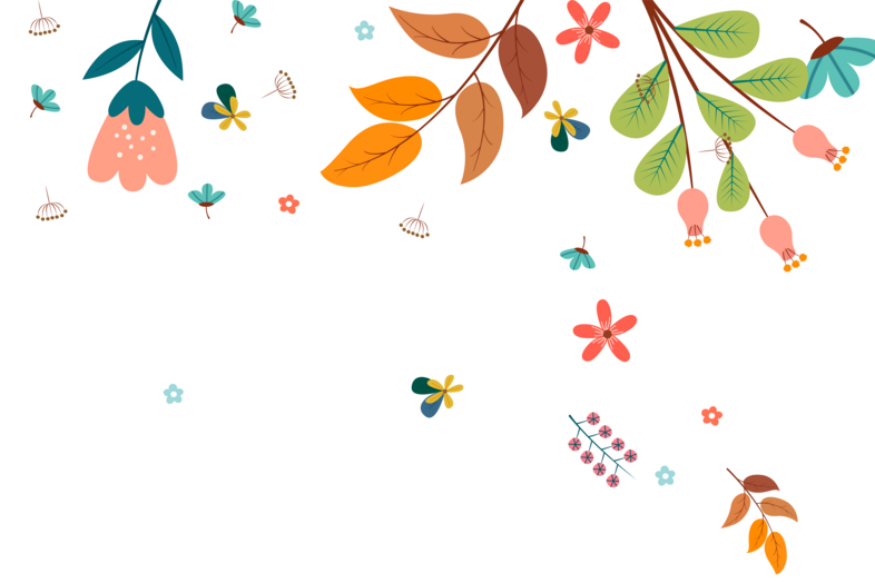 Illustration av färgglada blommor och löv i hörnen mot en vit bakgrund.