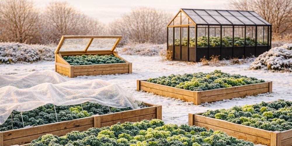 Upphöjda odlingsbäddar med grönkål i snötäckt trädgård, växthus i bakgrunden och en korg med skördade blad.