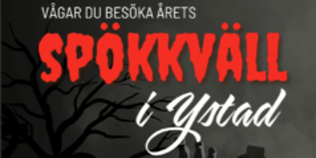 Affisch för spökkväll i Ystad den 30 oktober med mörk bakgrund, gravstenar och träd.