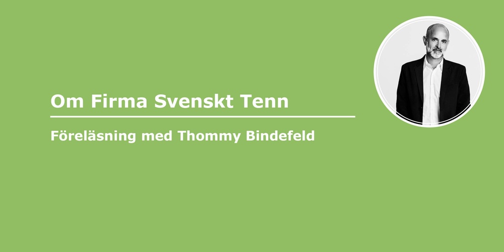 Grön bakgrund med text om en föreläsning om Svenskt Tenn av Thommy Bindefeld och ett porträttfoto av en man i svartvitt.