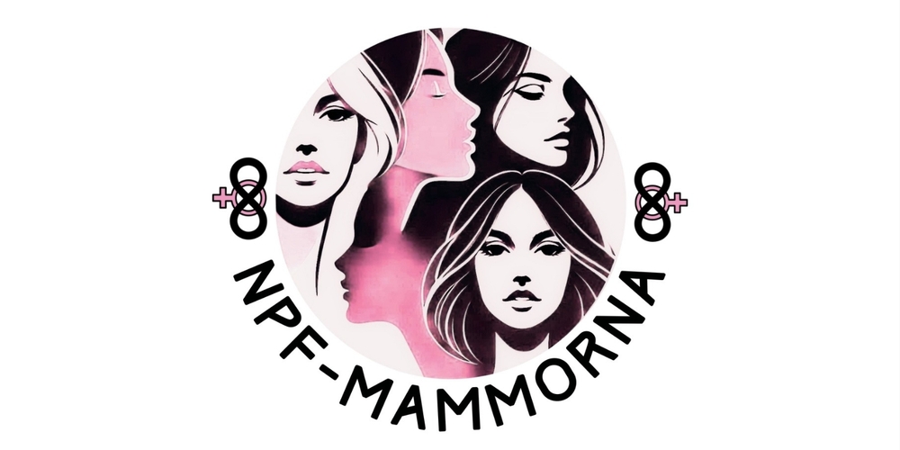 Illustration av fyra kvinnliga ansikten i rosa och svart med texten 'NPF-MAMMORNA' och två inklusivitetssymboler.