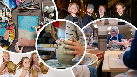 Kollage med människor som målar, drejar, skapar keramik och ler tillsammans i olika kreativa miljöer.