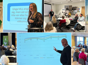 Kollage av bilder från en konferens med föreläsningar, gruppdiskussioner och deltagare i en mötessal.