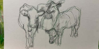 Blyertsteckning av tre kor som står tillsammans på ett papper.