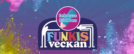 Färgglad grafisk bild med texten 'Intresseklubben Funkisveckan' och siluetter av personer och rullator.