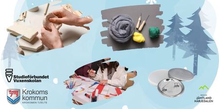 Collage med bilder på hantverksaktiviteter som lera, ull, pyssel och knappnålar samt logotyper för olika organisationer.