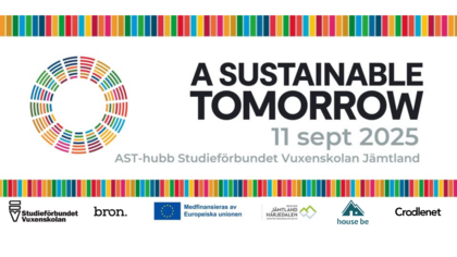 Affisch för eventet 'A Sustainable Tomorrow' den 11 september 2025 med färgglada ränder och logotyper.