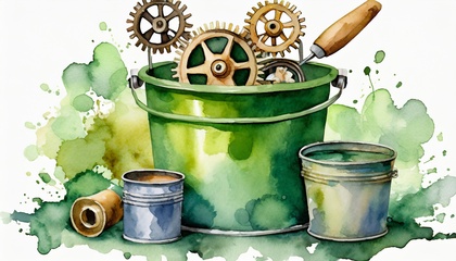 Akvarellmålning av gröna hinkar fyllda med kugghjul och verktyg mot en färgglad bakgrund.