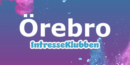 Texten 'Örebro IntresseKlubben' på en färgglad bakgrund med blå, rosa och lila färgpulver.
