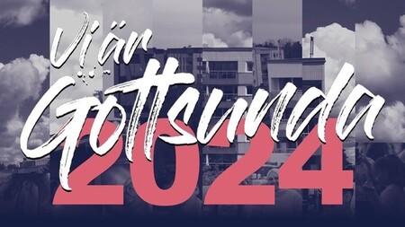 Texten 'Vi är Gottsunda 2024' i vit och röd text över en bakgrund med byggnader och moln.