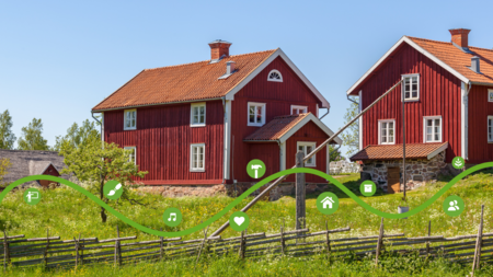 Två röda trähus med vita knutar på landet, grönt gräs och blå himmel, med digitala ikoner över bilden.