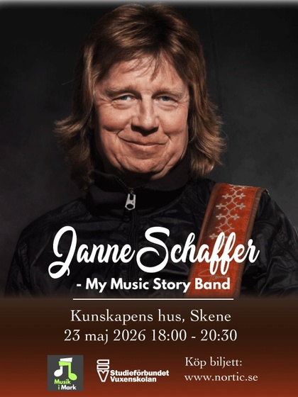 Affisch för konsert med Janne Schaffer - My Music Story Band i Skene, 23 maj 2026.