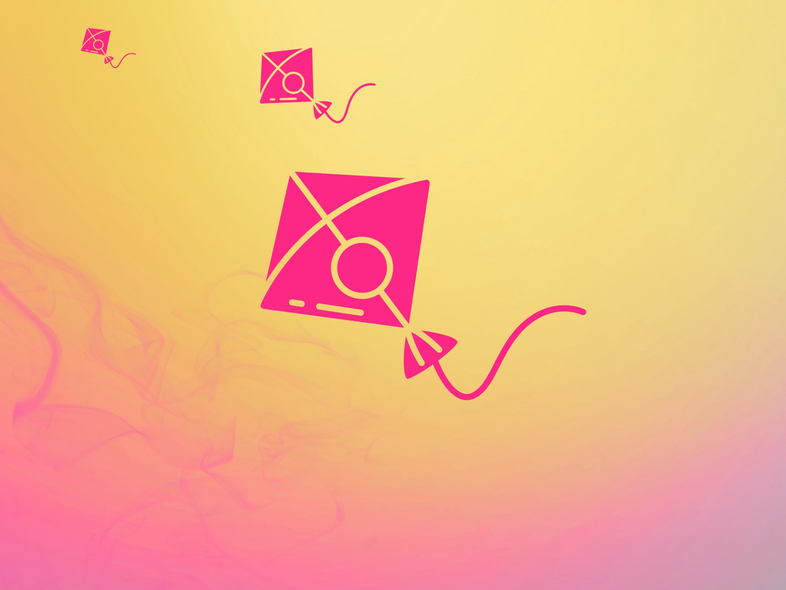 Tre rosa drakar på en gul och rosa bakgrund med mjuka färgövergångar.