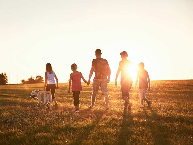 En familj med hund går över en äng med kort gräs i solnedgången.