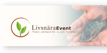 Logotyp för Livsnära Event med text om fiske i Jämtland och en hand som håller en fisk.