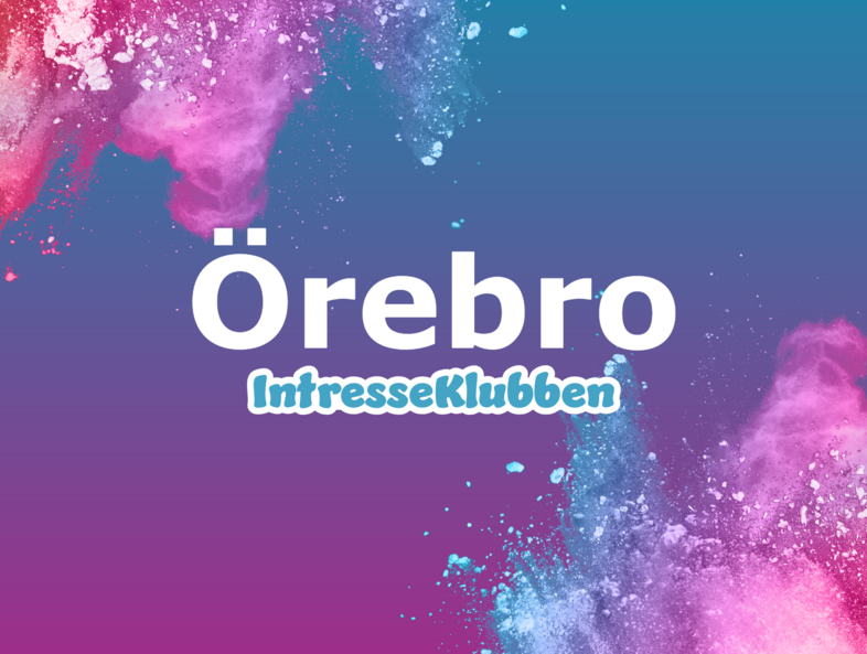 Texten 'Örebro IntresseKlubben' på en färgglad bakgrund med blå, rosa och lila färgpulver.