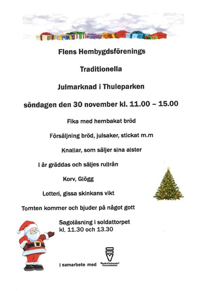 Affisch för Flens Hembygdsförenings julmarknad med text, julgran och tecknad tomte.