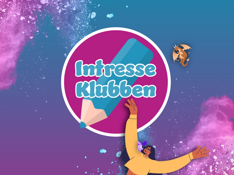 Illustration med texten 'Intresse Klubben', en stor penna, en tecknad person och färgglada färgstänk.