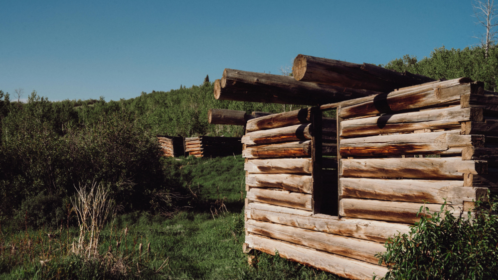 Övergivna timmerstugor utan tak i en grönskande naturmiljö under klarblå himmel.