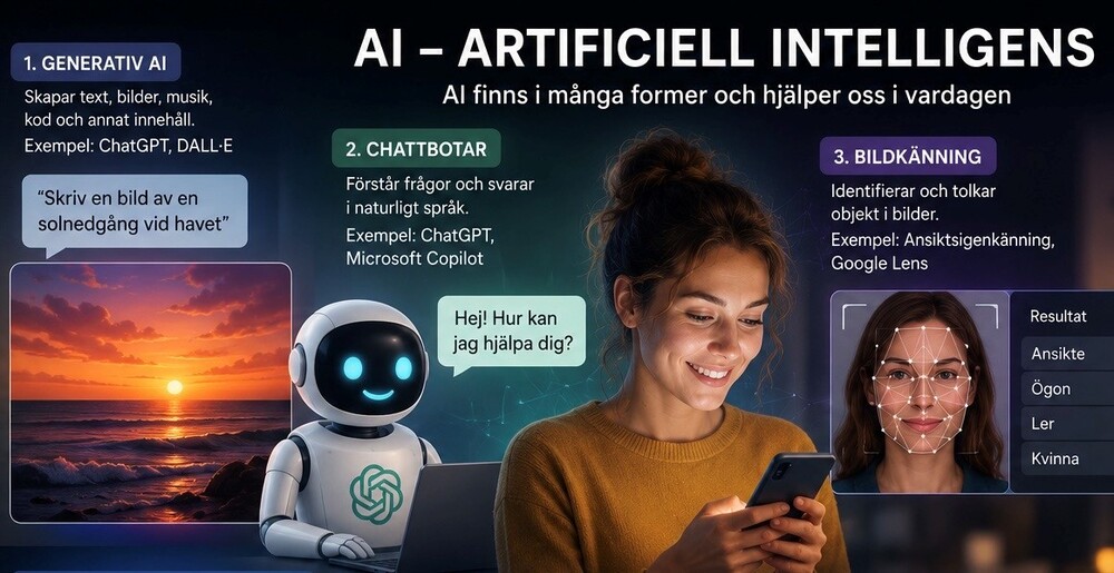 Informationsgrafik om AI med exempel på generativ AI, chattbotar och bildkänning, samt illustrationer och personer med suddiga ansikten.
