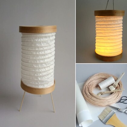 Tre bilder visar en handgjord papperslykta, en tänd lykta och material för att tillverka den.