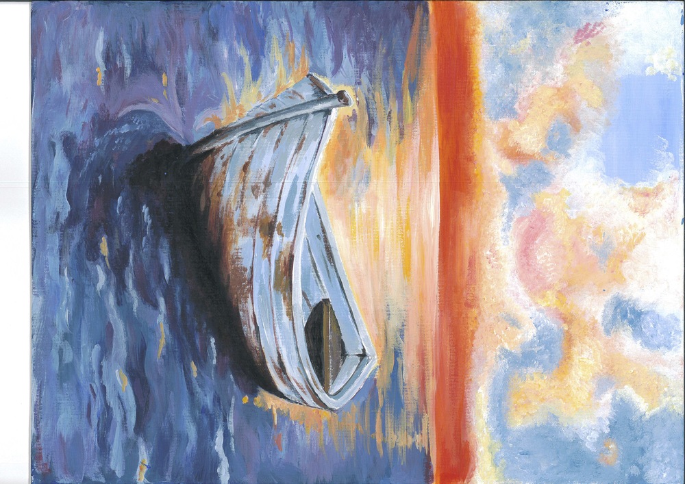 Målad bild i akryl av en ensam roddbåt på lugnt vatten vid solnedgång, med färgstark himmel.