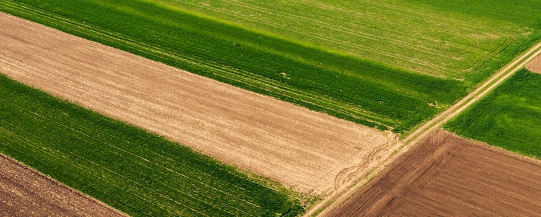 Flygfoto över åkrar med olika grödor och jord, ordnade i rektangulära fält.