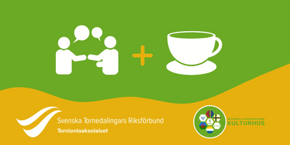 Illustration av två personer som samtalar och en kopp kaffe, med logotyper och text på svenska och meänkieli.