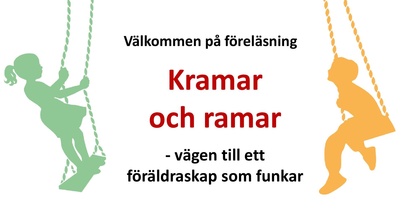 Affisch för föreläsning om föräldraskap med titeln 'Kramar och ramar', illustrationer av barn på gungor och en person med mobil.