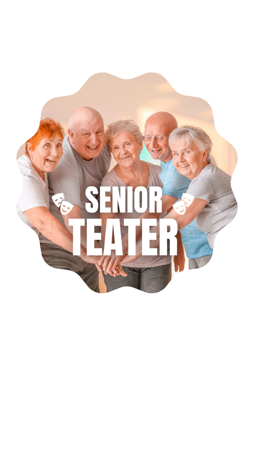 Fem glada äldre personer står tillsammans och håller händerna, med texten 'Senior Teater' över bilden.
