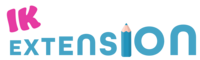 Logotyp med texten 'IK Extension', där 'I' är en penna och 'IK' är i rosa.