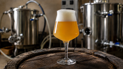 Ett glas med ljus öl med skumkrona står på ett träfat i ett bryggeri med rostfria tankar i bakgrunden.